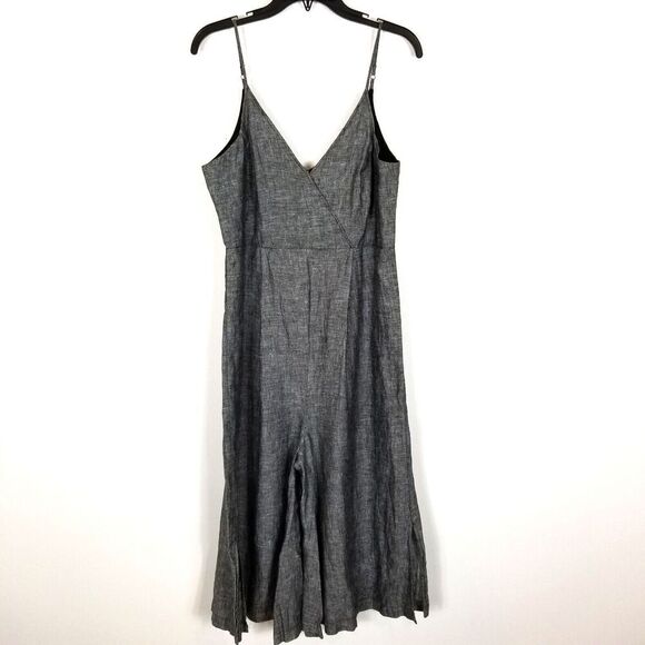 Tahari Women Linen Jumpsuit Size 10 Gray Cropped Wide Leg Spaghetti Straps
